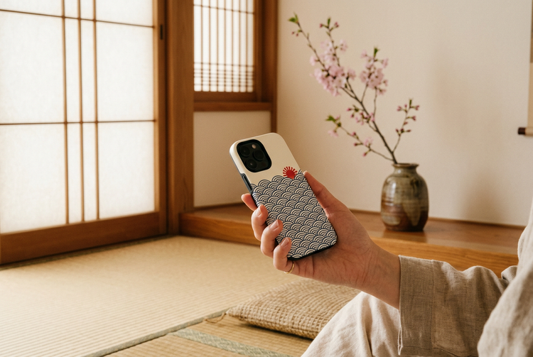 Hand holding a wave pattern phone case in a calm Japanese room